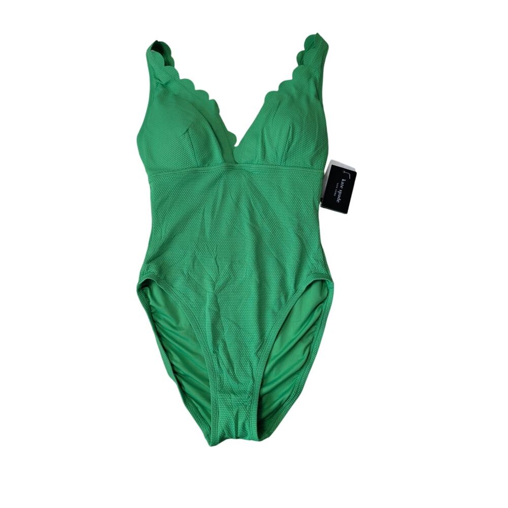 Kate Spade New York Womens One-Piece Swimsuit Scalloped V-Neck Green Small NWT